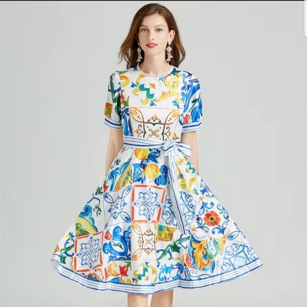 YS Blue, Yellow, White Tile Print Short Sleeve Dress